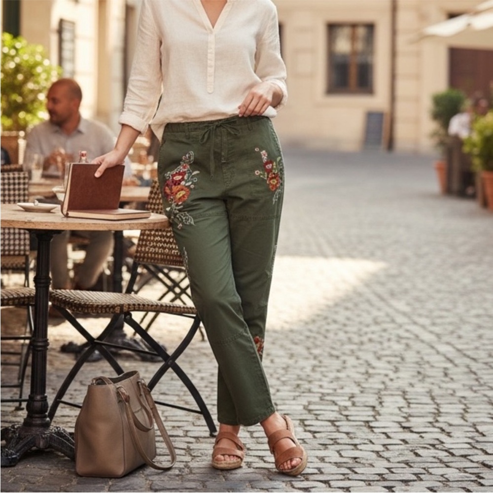Sundance Olive Green Straight-Leg Embroidered Pants
